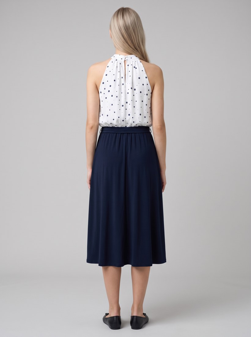 261750 Signature | Abito a trapezio in raso riciclato a pois con gonna in maglia setosa - Abiti - Joseph Ribkoff - 2366-Vaniglia/Blu notte - back