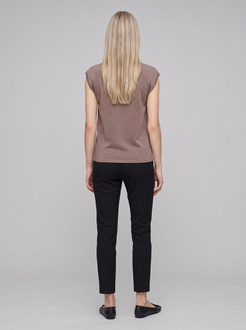 254935F26 Pullover maglione senza maniche in maglia con dettaglio termoadesivo - 4562-Visone/Oro - back