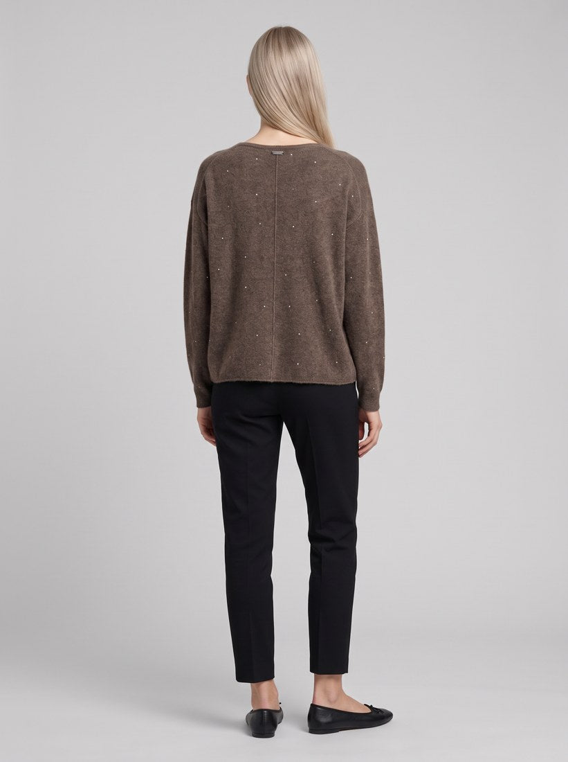 263940 Maglione squadrato in cashmere con dettagli in strass - 4565-Tortora scuro mélange - back