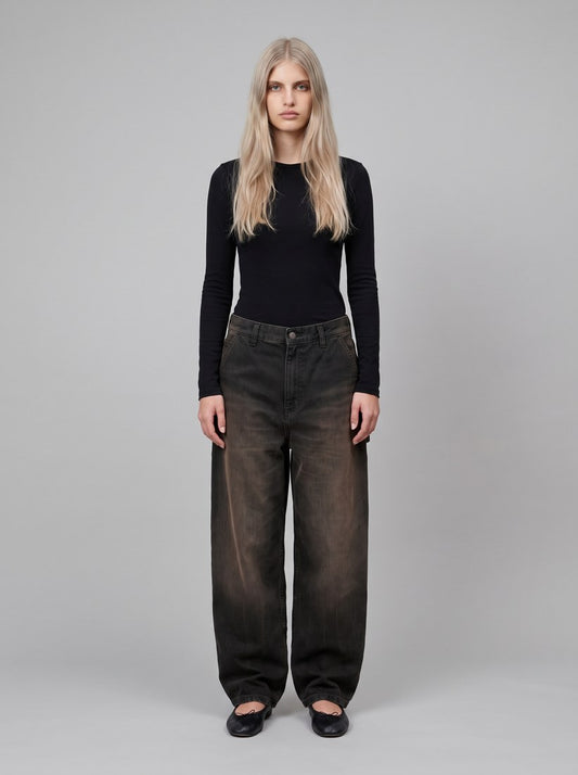 Women's Brandon Single Knee Pant - Black, Tobacco used wash - front