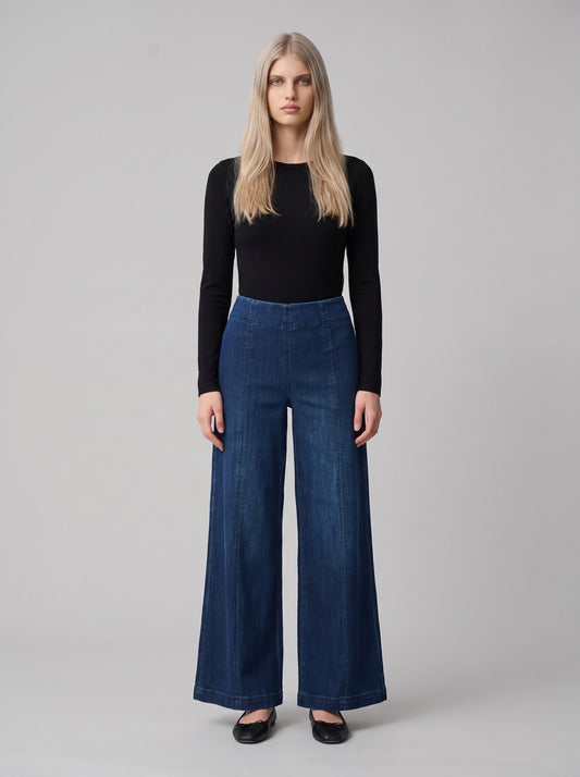 263901 Jeans palazzo a vita alta in denim Featherweave - 3302-Blu denim scuro - front