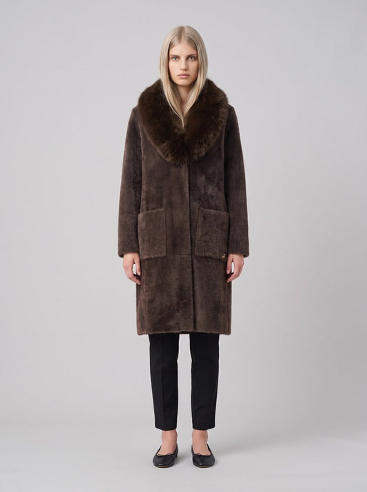 263973 Cappotto in maglia di filato di piume con collo in pelliccia sintetica rimovibile - 3799-Moka - front