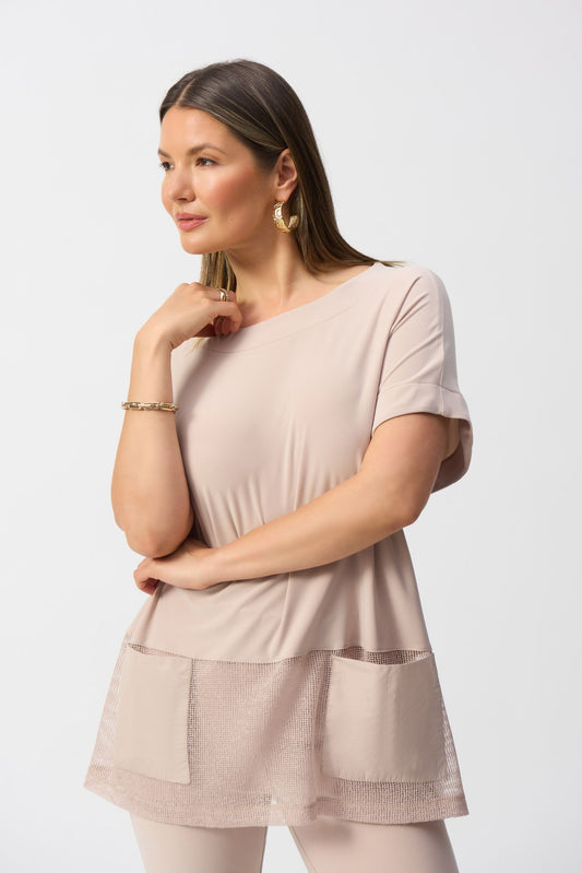 251233 Tunica squadrata in maglia effetto seta e tulle