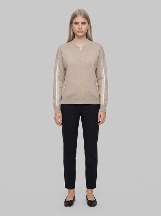 264616 Giacca bomber con maniche a righe Fulvo chiaro melange/Bianco invernale - fronte