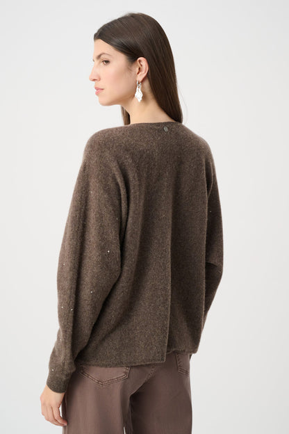 263940 Maglione squadrato in cashmere con dettagli in strass