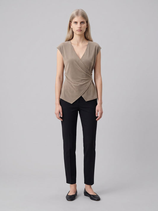 263161 Top a portafoglio aderente in maglia effetto seta mélange - 4300-Tortora melange - front