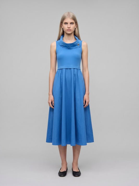 261274 Abito aderente e poi svasato in maglia effetto seta e memoria con collo sciallato - 3849-Blue porto - front