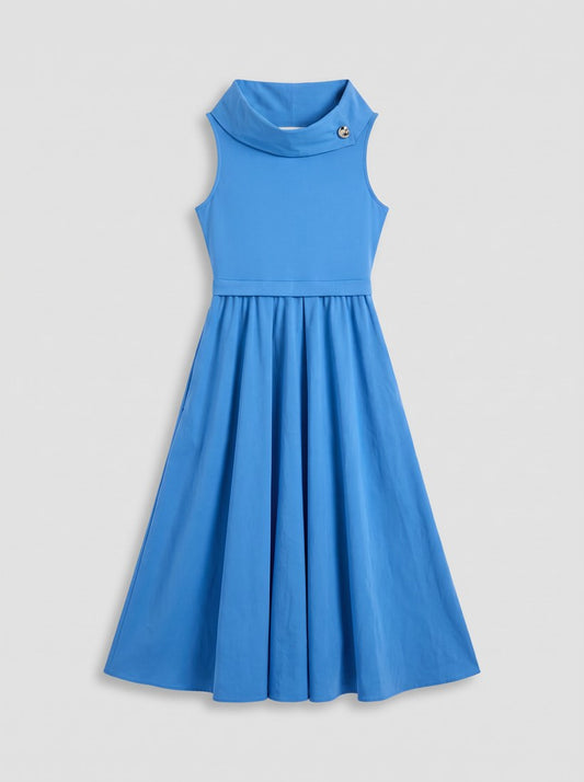 261274 Abito aderente e poi svasato in maglia effetto seta e memoria con collo sciallato - 3849-Blue porto - packshot