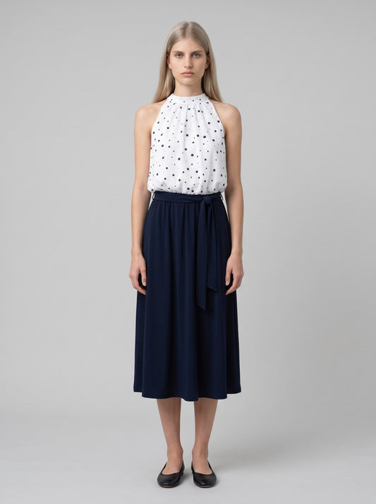 261750 Signature | Abito a trapezio in raso riciclato a pois con gonna in maglia setosa - Abiti - Joseph Ribkoff - 2366-Vaniglia/Blu notte - front