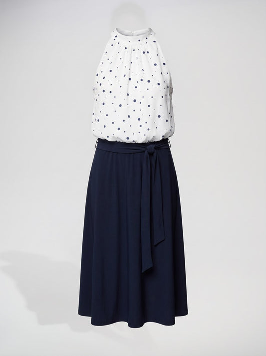 261750 Signature | Abito a trapezio in raso riciclato a pois con gonna in maglia setosa - Abiti - Joseph Ribkoff - 2366-Vaniglia/Blu notte - packshot