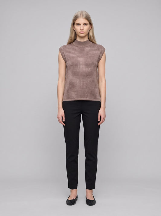 254935F26 Pullover maglione senza maniche in maglia con dettaglio termoadesivo - 4562-Visone/Oro - front