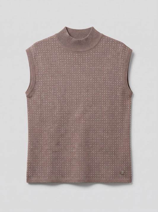 254935F26 Pullover maglione senza maniche in maglia con dettaglio termoadesivo - 4562-Visone/Oro - packshot
