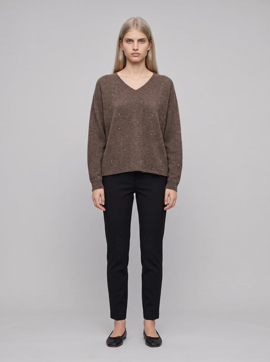 263940 Maglione squadrato in cashmere con dettagli in strass - 4565-Tortora scuro mélange - front