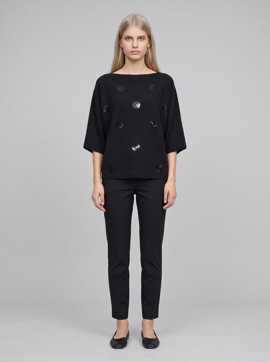 263942 Maglione squadrato ricamato in viscosa e nylon spazzolato - 11-Nero - front