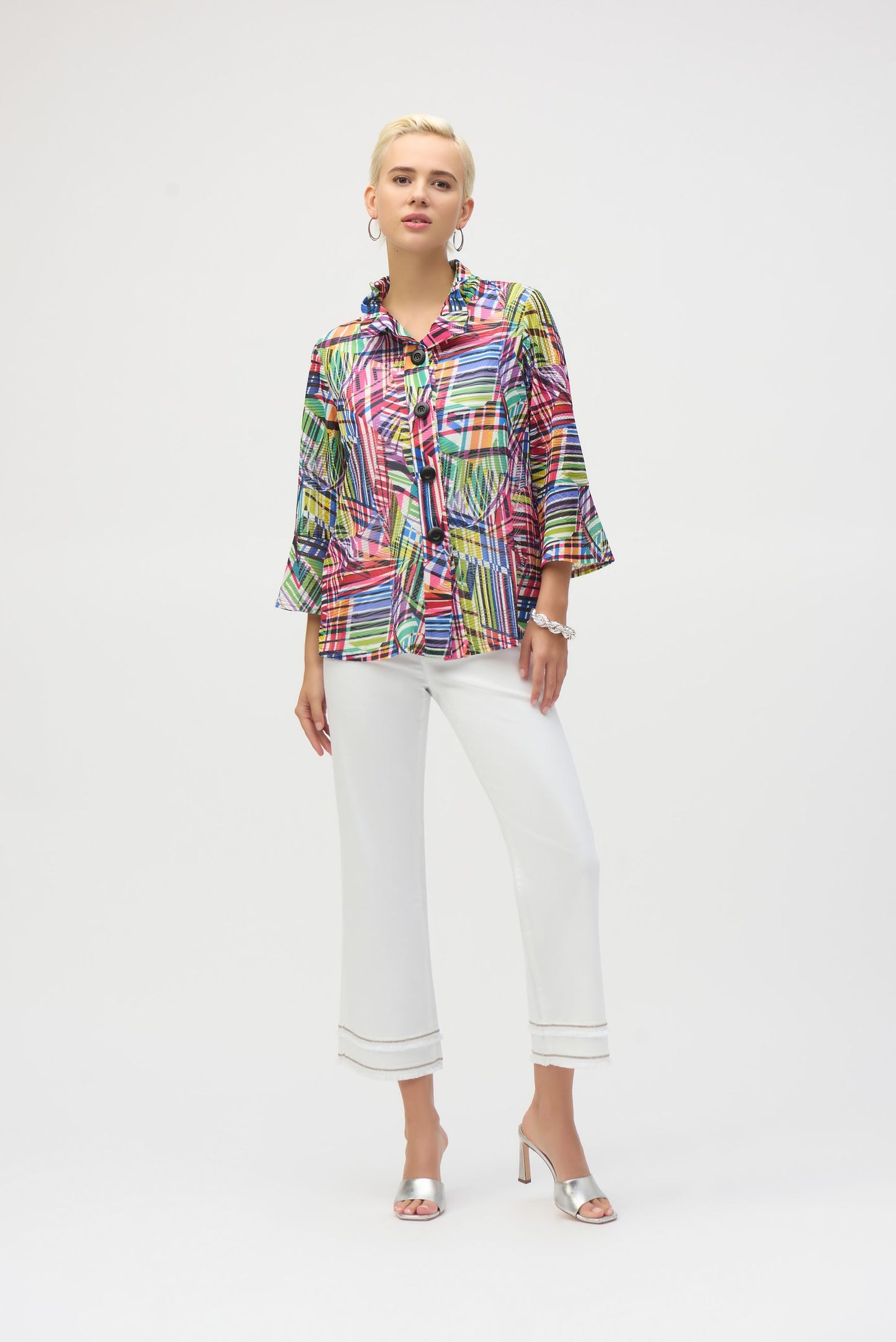 252038 Giacca a trapezio in jacquard con stampa patchwork a righe