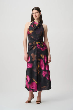 264213 Abito midi in raso floreale con scollo all’americana