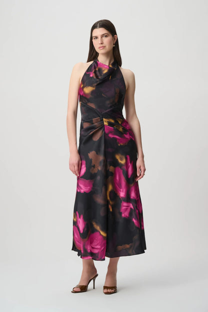 264213 Abito midi in raso floreale con scollo all’americana