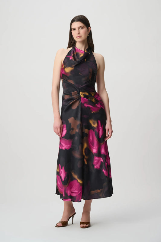 264213 Abito midi in raso floreale con scollo all’americana