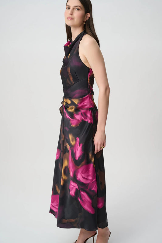 264213 Abito midi in raso floreale con scollo all’americana