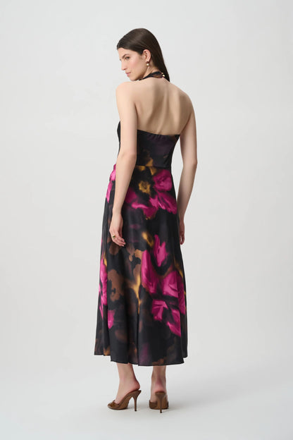 264213 Abito midi in raso floreale con scollo all’americana
