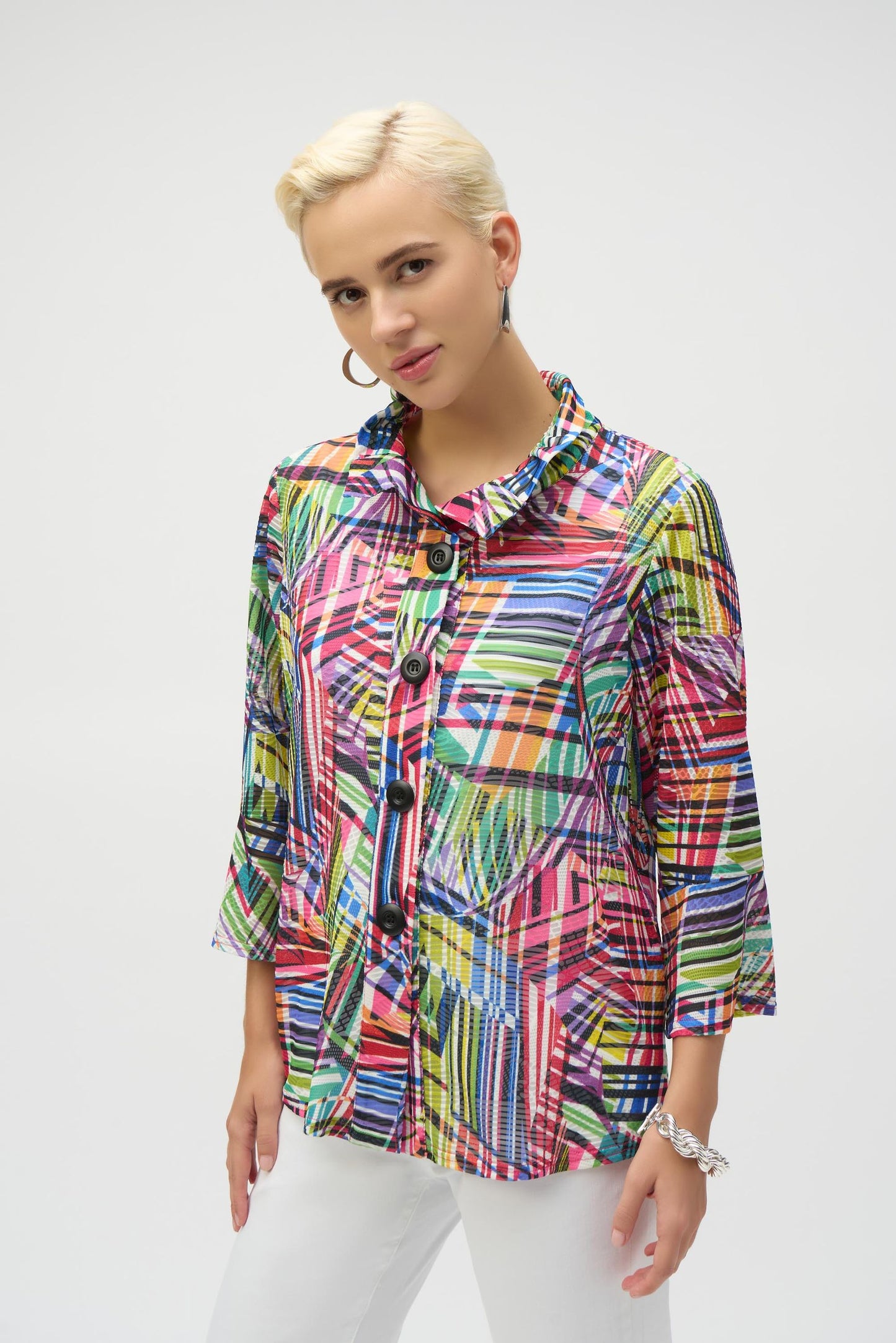 252038 Giacca a trapezio in jacquard con stampa patchwork a righe